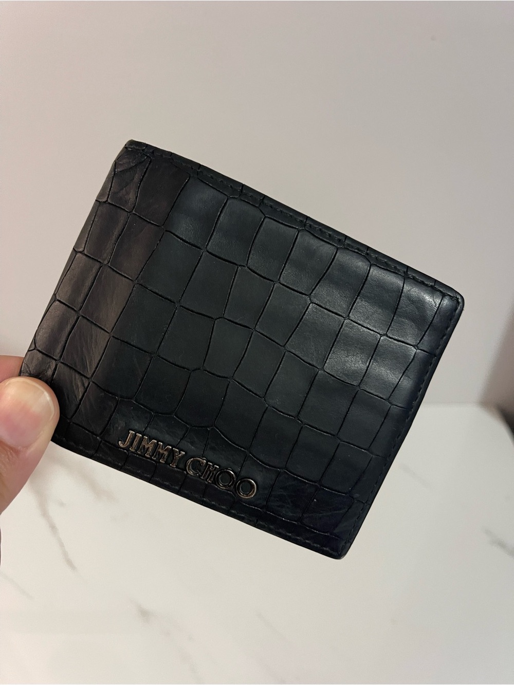 Jimmy Choo Black Croc-Embossed Leather Bi-Fold Wallet